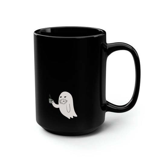 Black Mug, 15oz Featuring Ghost with Coffee Mug